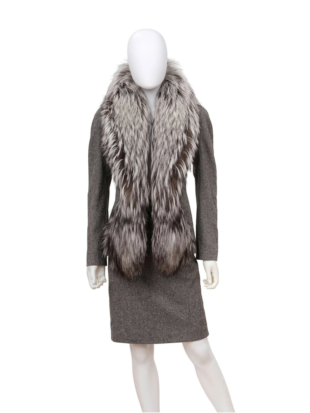 CHRISTIAN DIOR: GREY TWEED FUR TRIM SKIRT SUIT Fall 1998 | John Galliano